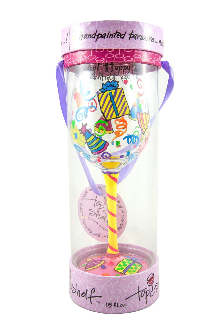 Top Shelf Happy Birthday Wine Glass - Hand Painted - Gifts for Adults