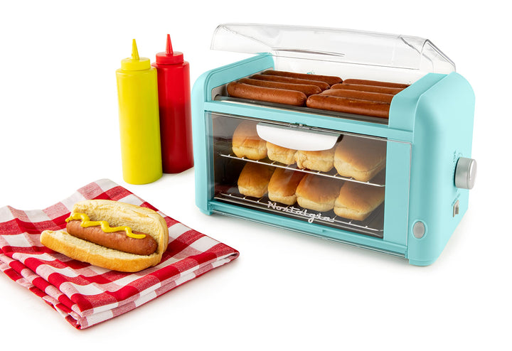 Extra Large 8 Hot Dog Roller &amp; 8 Bun Warmer, Stainless Steel Grill Rollers, Non-stick warming racks, Perfect For Hot Dogs, Egg Rolls, Veggie Dogs, Sausages, Brats, Adjustable Timer, Aqua, 2 Slots