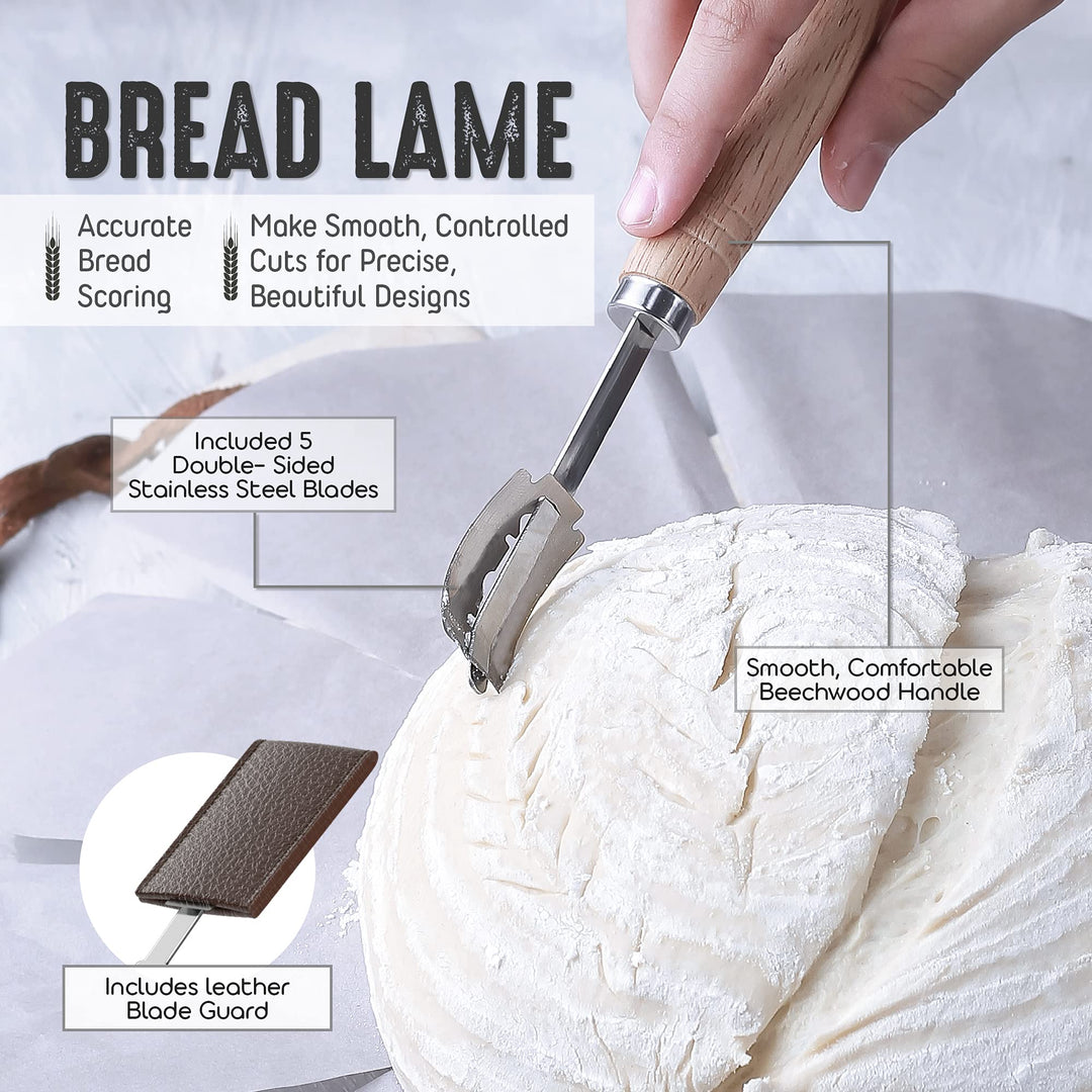 Bread Making Tools and Supplies - Set of 3 - Danish Dough Whisk, Bread Lame, Bench Scraper - Dough Hook with Bread Scraper, Lame Bread Tool, Blades - Great for Baking Sourdough, Pizza, Pastry