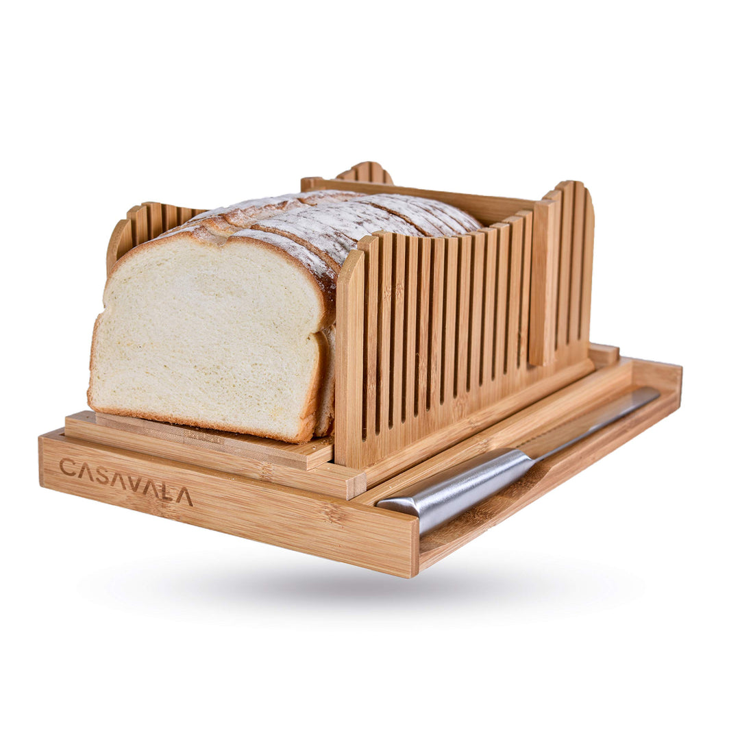 Bamboo Bread Slicer For Homemade Bread - Bread Loaf Slicing Machine With Crumbs Tray, Foldable Bread Cutter, Adjustable Slice Sizes, Bread Cutting Guide With Sharp Bread Knife &amp; Storage Bag