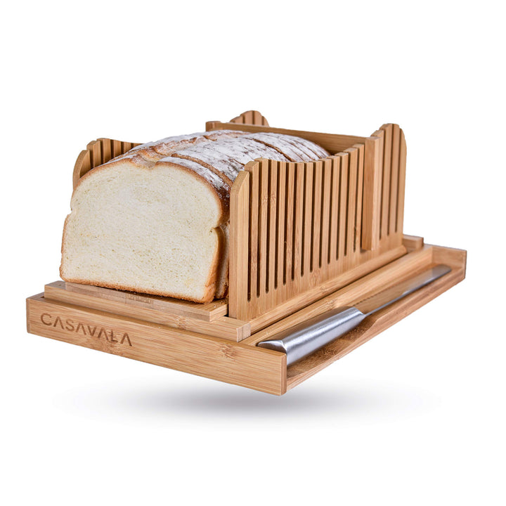 Bamboo Bread Slicer For Homemade Bread - Bread Loaf Slicing Machine With Crumbs Tray, Foldable Bread Cutter, Adjustable Slice Sizes, Bread Cutting Guide With Sharp Bread Knife &amp; Storage Bag