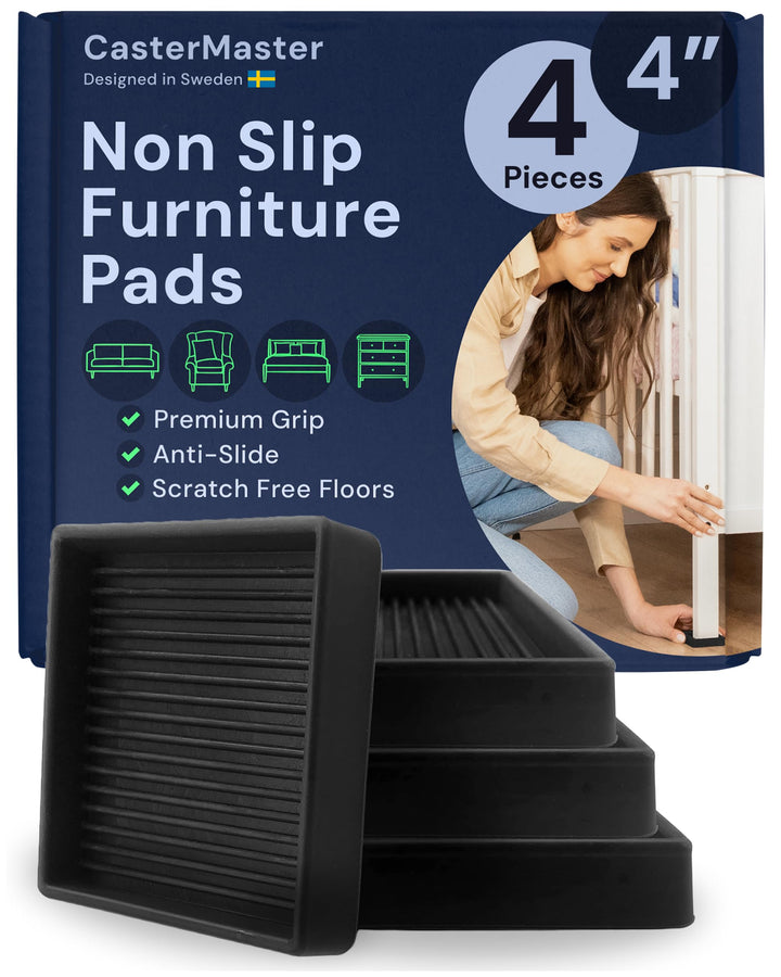 Non Slip Furniture Pads - 4x4 Black Square Rubber Anti Skid Caster Cups Leg Coasters - Couch, Chair, Feet, and Bed Stoppers with Anti - Sliding Floor Grip (Set of 4)