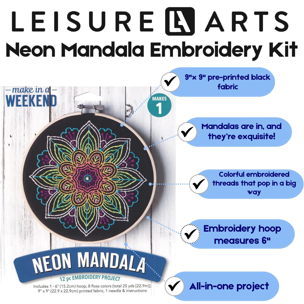 Leisure Arts Embroidery Kit 6 Neon Mandala- cross stitc