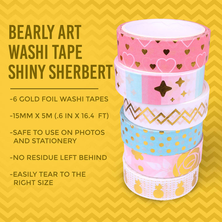 Washi Tape - Shiny Sherbert - Foil Decorative Tape Set for DIY Crafts - Scrapbooking and Paper Crafts - 6 Styles Extra Long Rolls - 15mm Wide and 5m Long