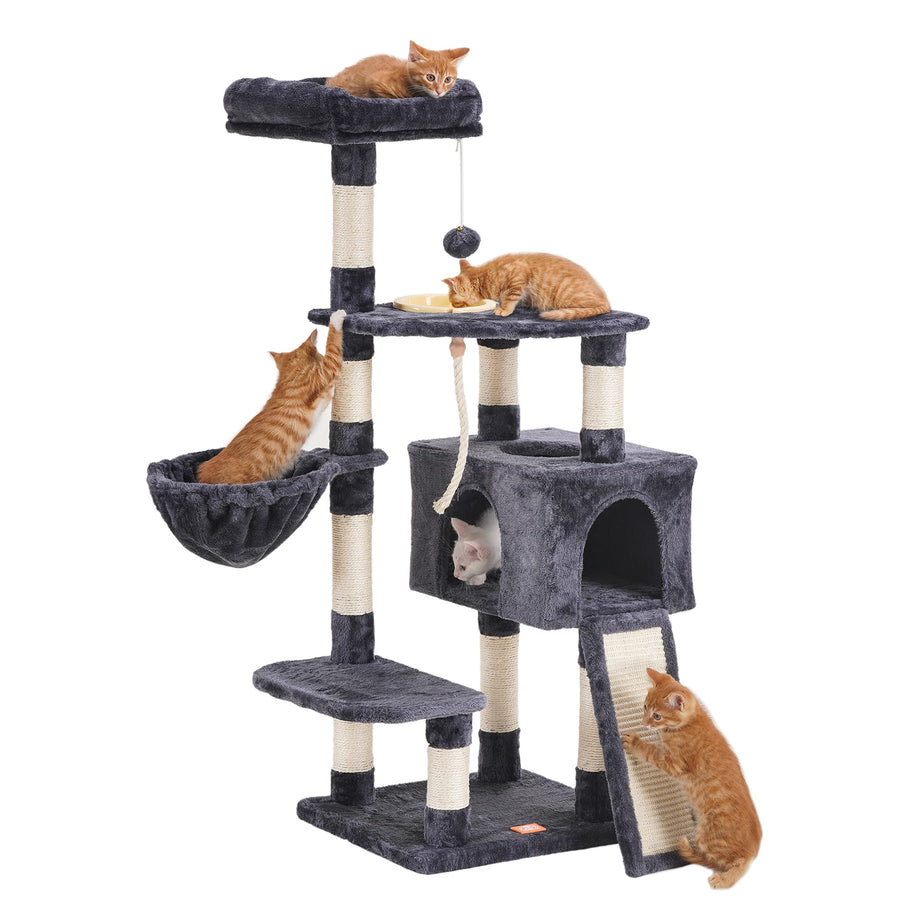 Cat Tree, Cat Tower for Indoor Cats with Scratching Board, Multi-Level Cat Furniture Condo with Feeding Bowl Smoky Gray HCT010G