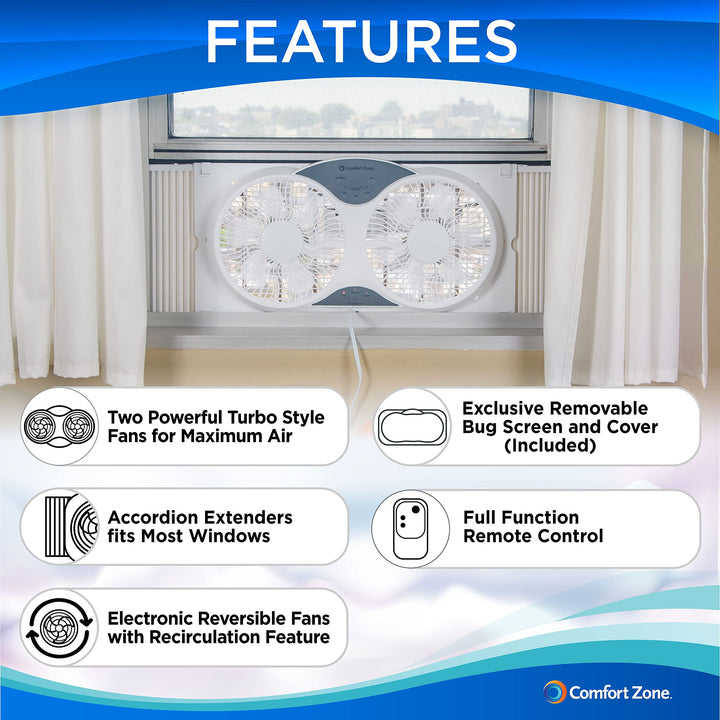 Twin Window Fan with Remote Control, Removable Cover, Reversible, 9 inch, 3 Speed, 3 Function, Expandable, Exhaust, Airflow 8.40 ft/sec, Ideal for Home, Kitchen, Bedroom &amp; Office, CZ310R