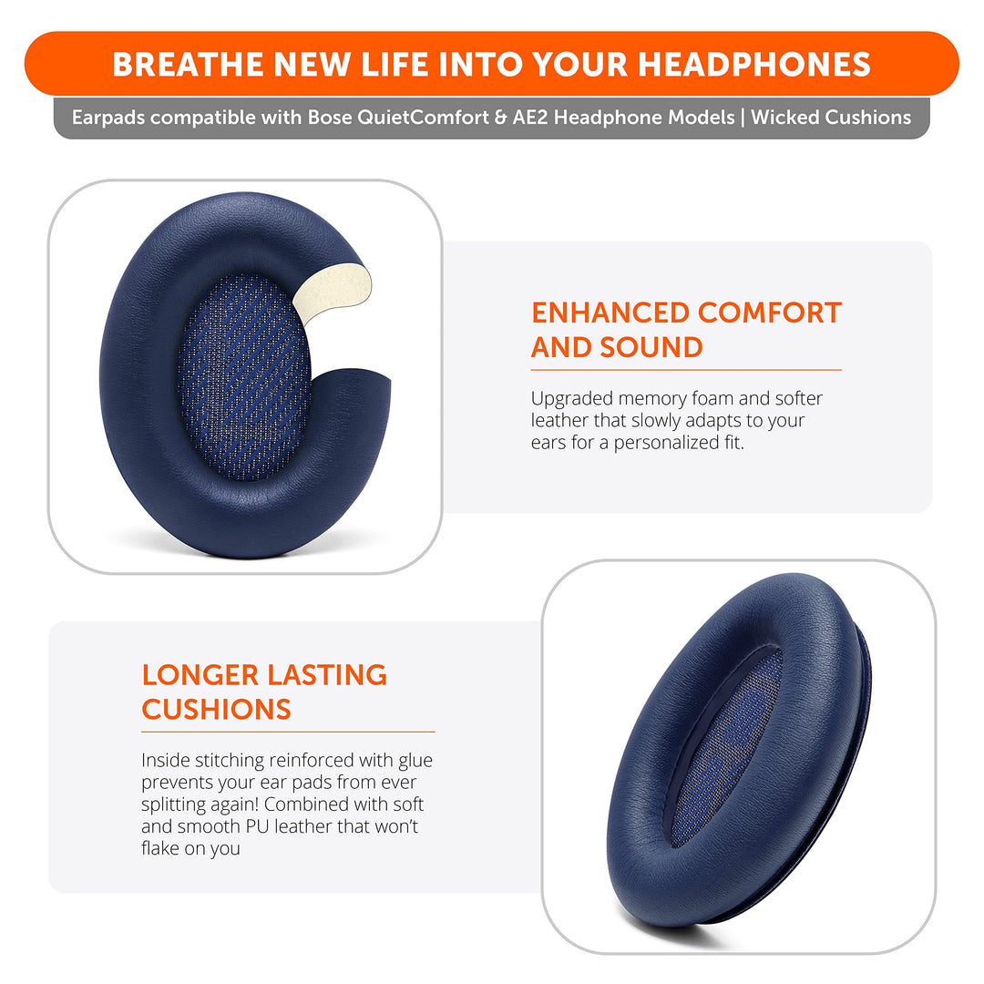 Wicked Cushions Upgraded Replacement Ear Pads for Bose QC35 &amp; QC35ii (QuietComfort 35) Headphones &amp; More - Softer Leather, Luxurious Memory Foam, Added Thickness, Extra Durability | Midnight Blue