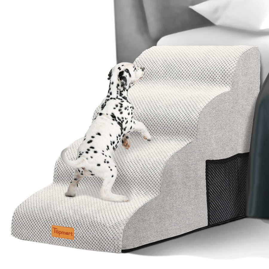High Density Foam Dog Steps 4 Tiers,Extra Wide Deep Pet Steps,Non-Slip Pet Stairs,Dog Ramp for Bed,Soft Foam Dog Ladder,Best for Older Dogs Injured,Older Pets,Cats with Joint Pain