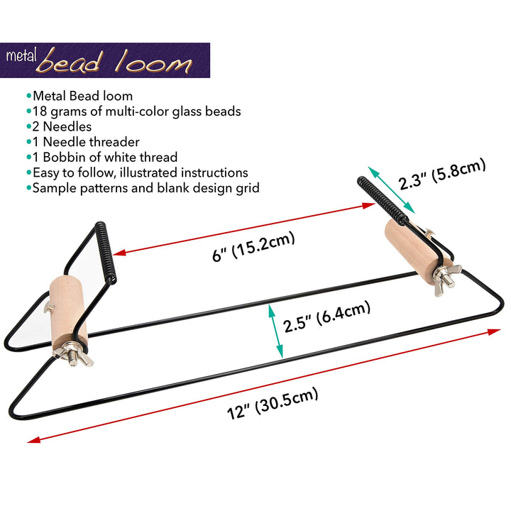 Metal Bead Loom Kit, Includes Loom (12.5 x 2.5 x 3), Thread, Needles, and 18 Grams Glass Beads for Bracelets, Necklaces, Belts, and More