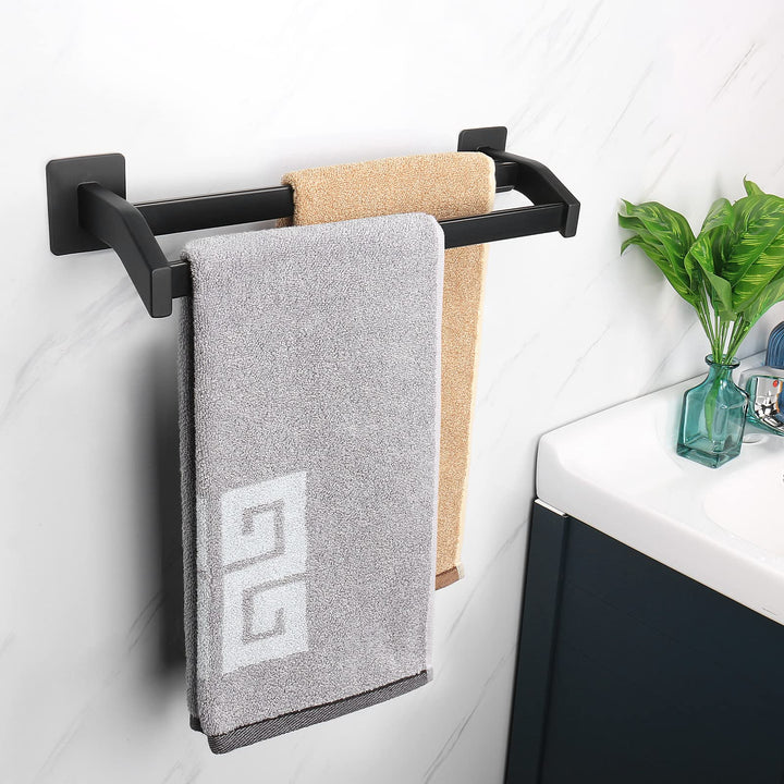 2 Pieces Bathroom Hardware Set, Premium Space Aluminum Single Towel Bar+ Double Towel Holder Rod, Glue Installation Towel Racks No Drill Bathroom Accessories (12 Inch, Matte Black)