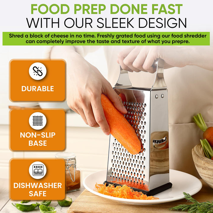 Professional Large Parmesan Cheese Grater, Stainless Steel Metal Box Grater with Handle, 4 Sided Handheld Kitchen Food Shredder for Cheese, Carrot, Veggie, Ginger, Potato - Dishwasher Safe
