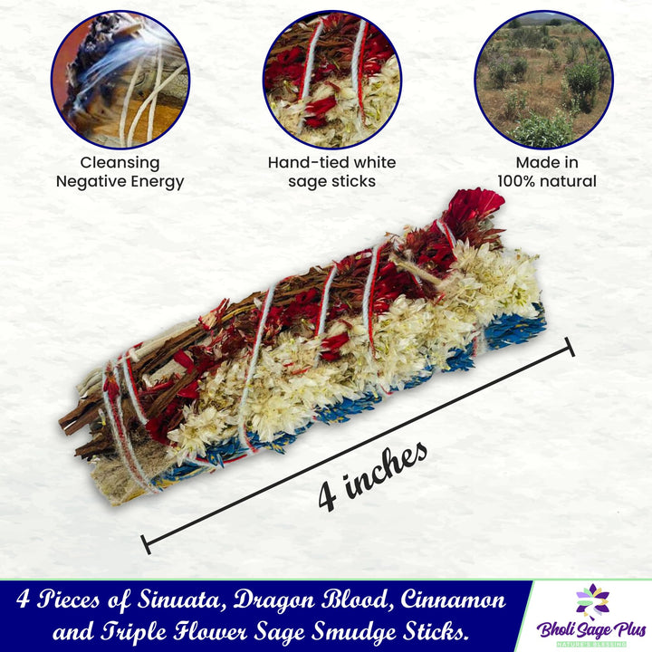Bholi Sage Plus Sage Smudge Kit for Cleansing Negative Energy and Cleansing Home Sinuata, Dragon Blood, Cinnamon and Triple Flower Dried - 4&#39;&#39; Long Pack of 4 White California Sage Sticks