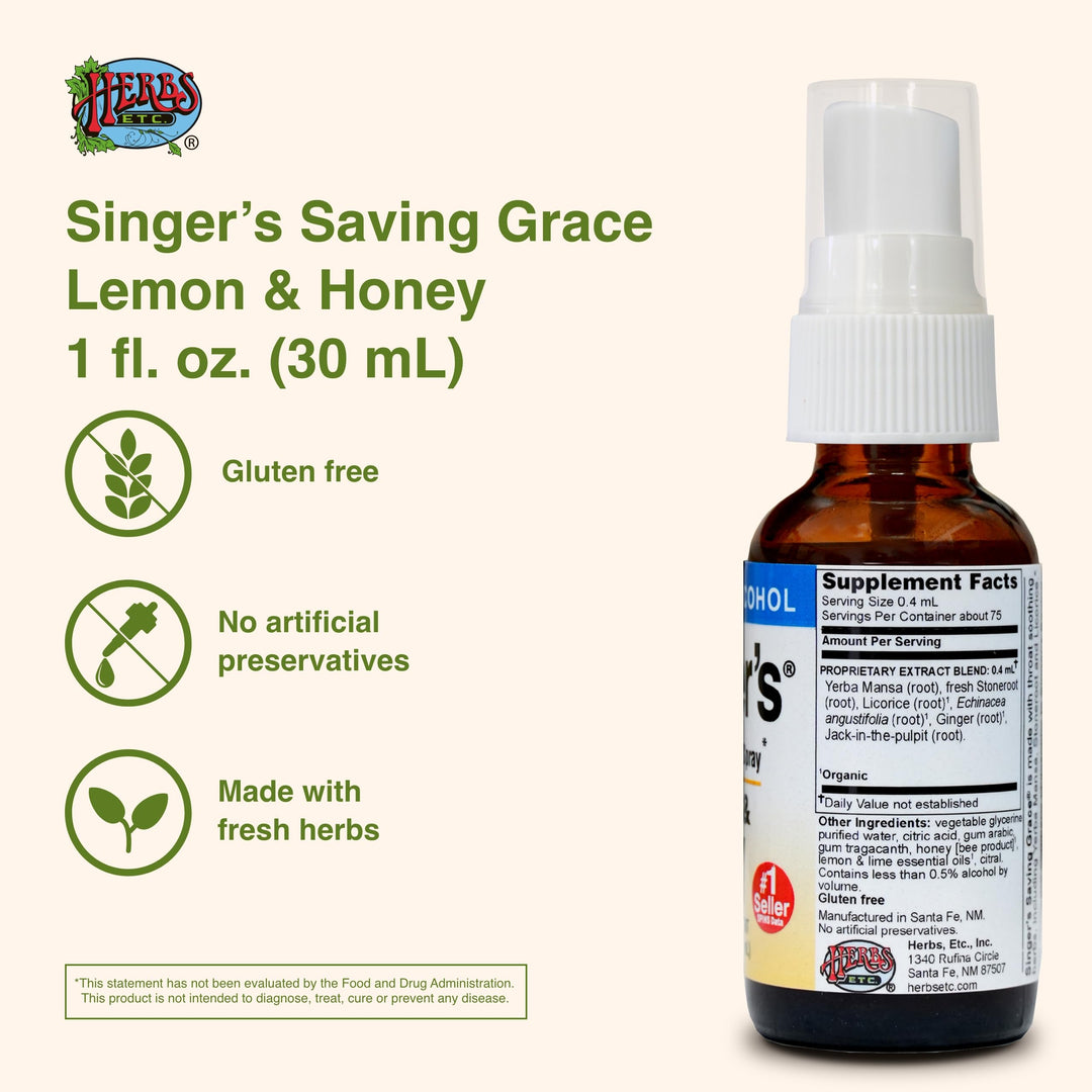Singer&#39;s Saving Grace Lemon &amp; Honey - Herbal Remedy Spray Aids Throat Comfort &amp; Health - Soothing Hydrating Throat Support - Throat Relief Spray with Licorice - 1 fl oz (About 75 Servings)
