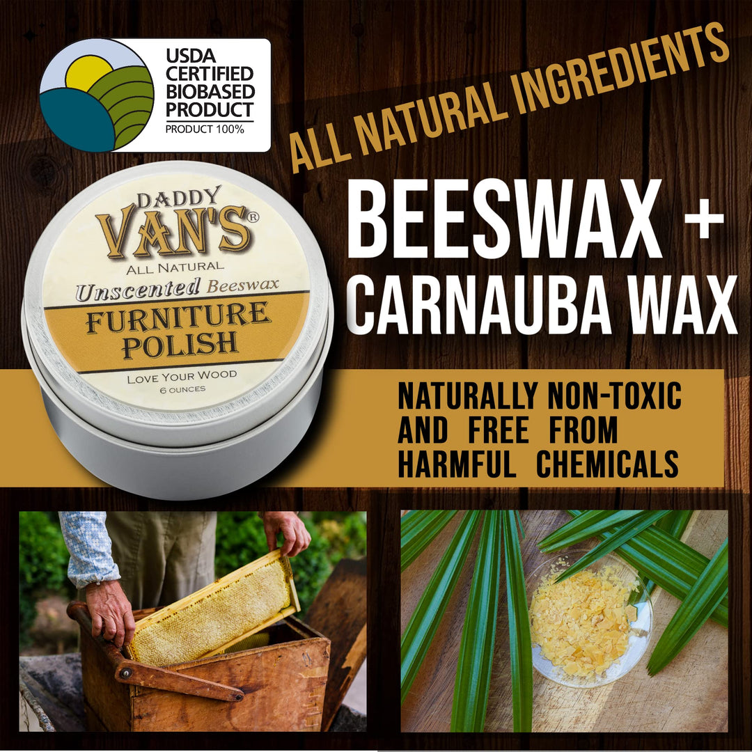 Daddy Van&#39;s All Natural Unscented Beeswax Furniture Polish - Food Safe Wood Conditioning Salve Nourishes and Protects Furniture, Cabinets, Antiques and Butcher Block