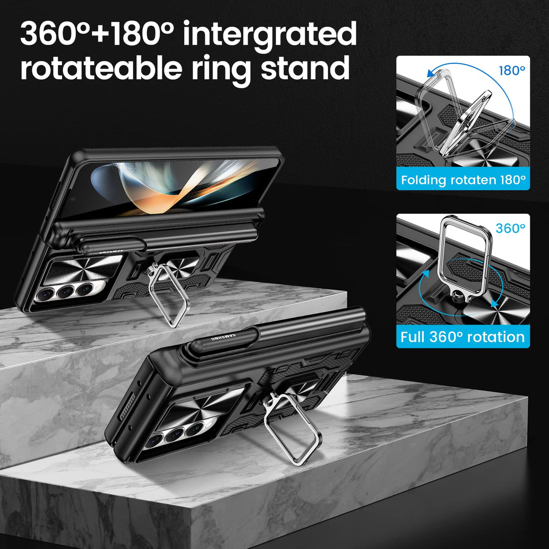 for Galaxy Z Fold 4 Case with S Pen Holder, [Hinge Protection][360°Ring Magnetic Kickstand][Slide Camera Cover][Front Screen Protector] Protective Armor Case for Samsung Galaxy Z Fold 4- Black