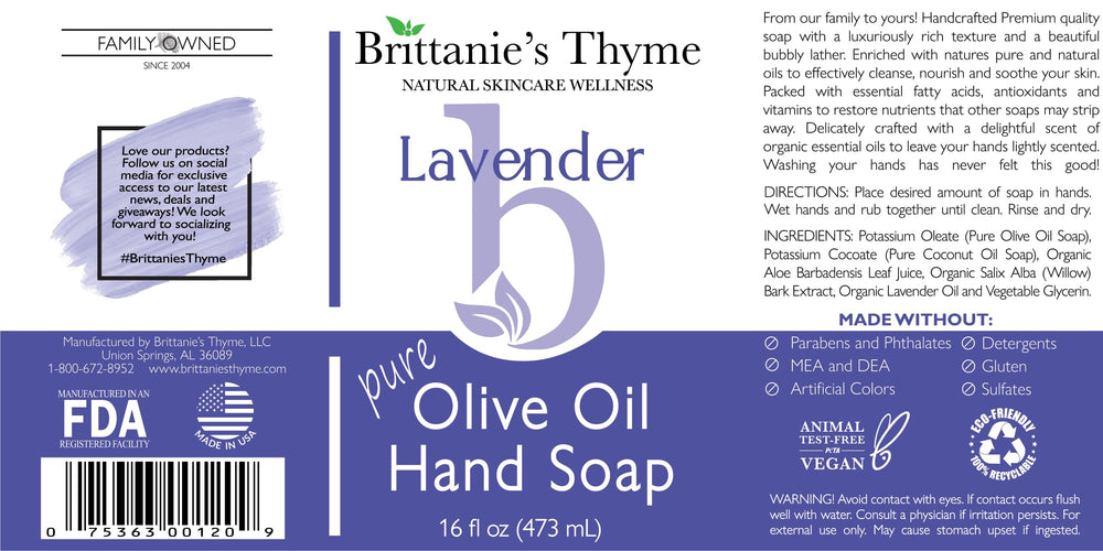 Brittanie27s Thyme Lavender: Organic Hand Soap, Lavender, 16 Oz - Made Olive Oil And Natural Luxurious Essential Oils. Vegan & Gluten Free