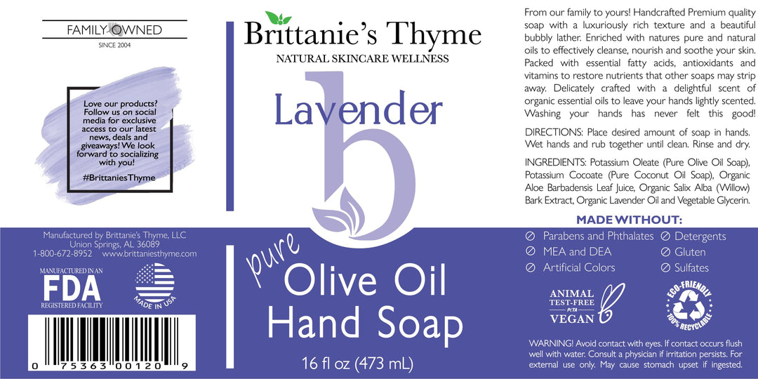 Brittanie27s Thyme Lavender: Organic Hand Soap, Lavender, 16 Oz - Made Olive Oil And Natural Luxurious Essential Oils. Vegan &amp; Gluten Free