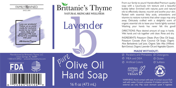Brittanie27s Thyme Lavender: Organic Hand Soap, Lavender, 16 Oz - Made Olive Oil And Natural Luxurious Essential Oils. Vegan &amp; Gluten Free