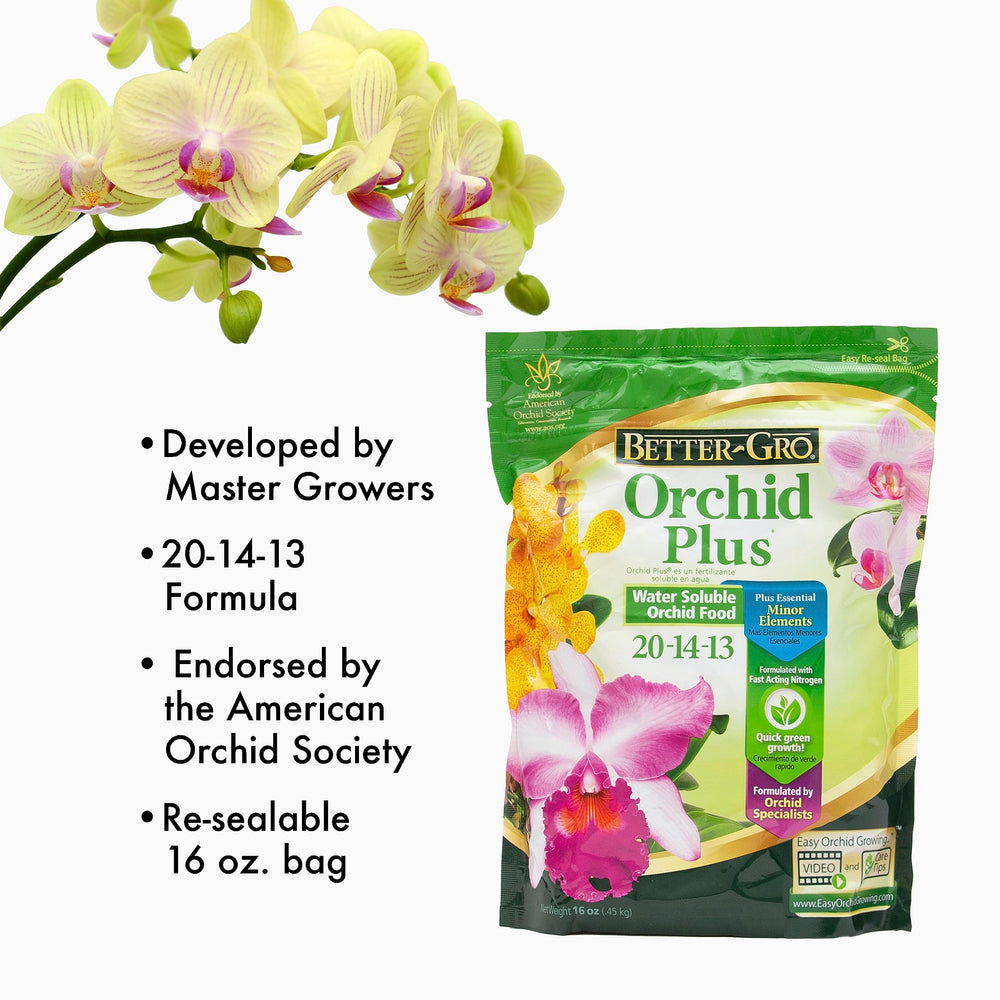 Orchid Plus 20-14-13 - Urea-Free Orchid Fertilizer for Vigorous Growth, Water Soluble, Nitrate Nitrogen-Rich, Ideal for Indoor Potted Plants and Tropical Plants - 16 oz Resealable Bag