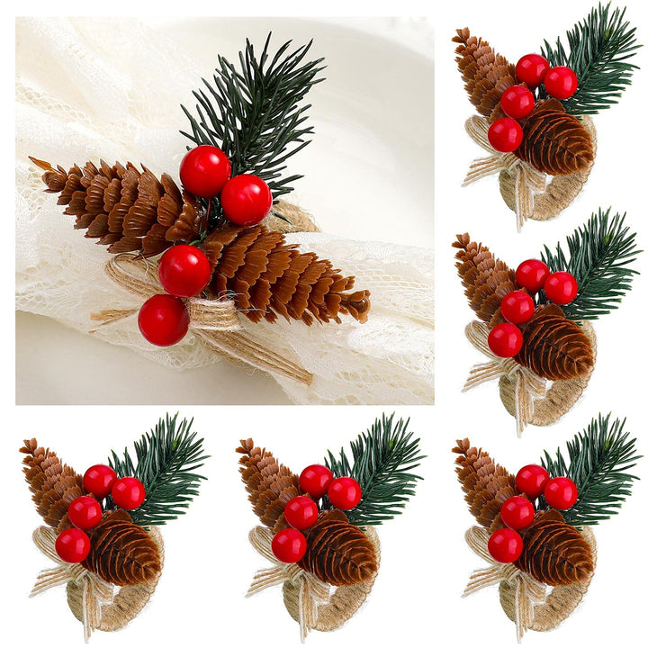 CHENGU Christmas Napkin Rings Set of 6 Christmas Pine Needle Napkin Ring Holders Rustic Napkin Ring Pine Cone Napkin Ring Holder for Christmas Party Dinner Table Decor