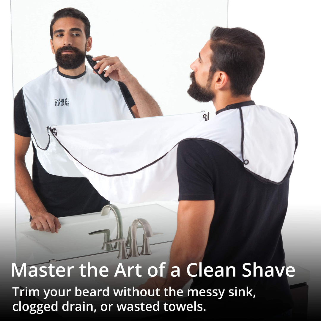 Beard King Beard Bib Apron - Shaving Set for Dad - As Seen on Shark Tank - Men&#39;s Hair Catcher for Shaving - Grooming Accessories - Packing Pouch, White