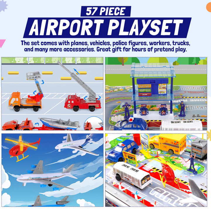 57 PCS Commercial Airport Playset with Airplane Toys, Play Vehicles, Fire Trucks, Police Cars &amp; Figures, and Accessories in Storage Bucket for Kids Imaginative Play