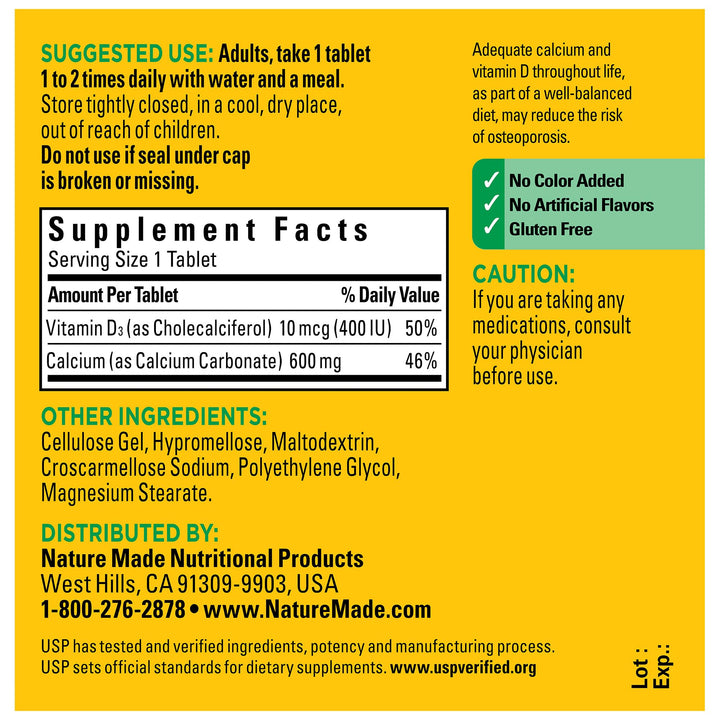 Nature Made Calcium 600 mg with Vitamin D3, Dietary Sup