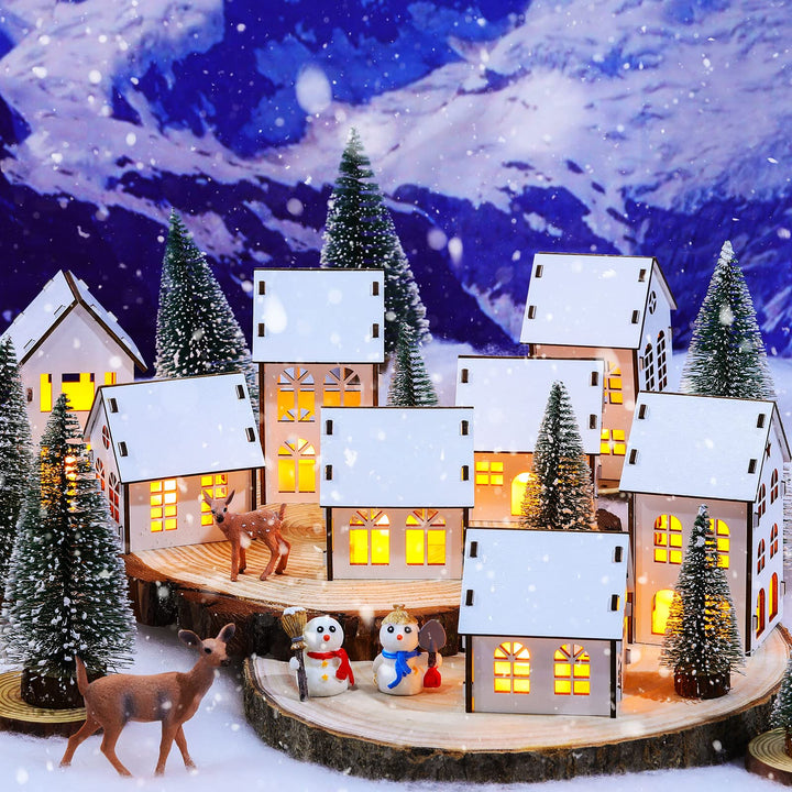 Winter Village Kit DIY White Wood Village Houses Mini Tree Farmhouse Winter Christmas Village Sets Christmas Scene Desktop Ornament for Winter Xmas Holiday Party(24 Pcs)