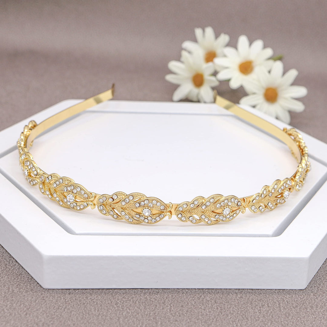 Ammei Flower Design Rhinestone Crystal Wedding Headband Bridal Headpieces Simple Design (Gold)