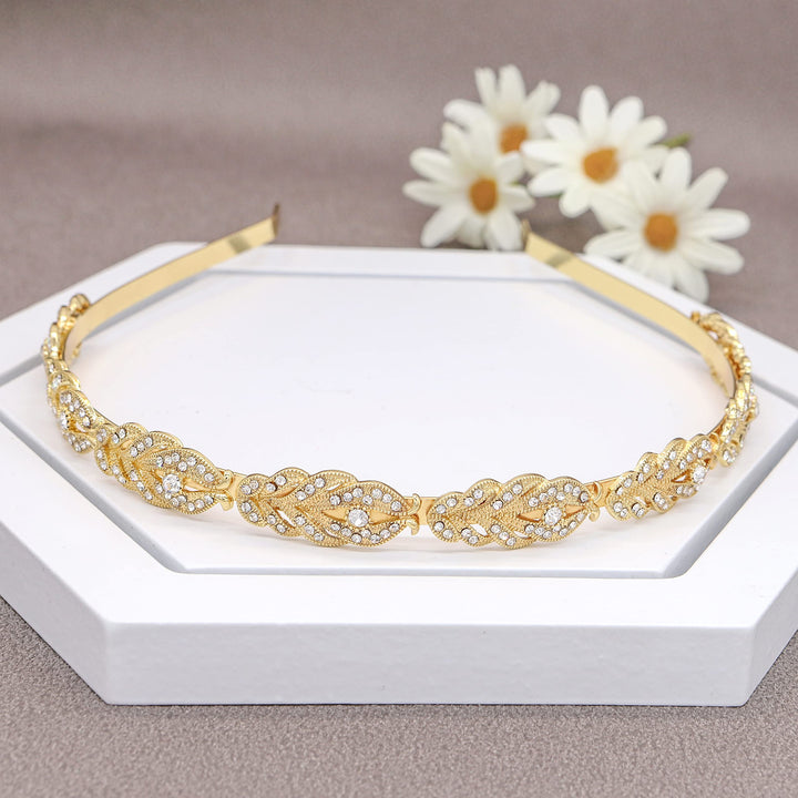 Ammei Flower Design Rhinestone Crystal Wedding Headband Bridal Headpieces Simple Design (Gold)