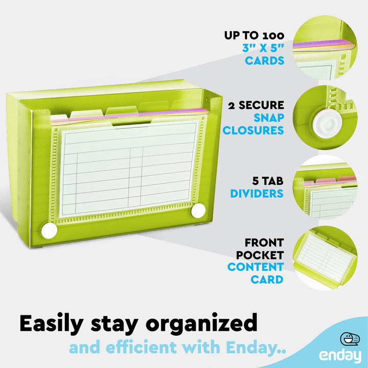 Index Card Holder Green, 3x5 Note Flash Card Organizer Case, File Box with 5 Dividers, Notecard Box Holds 100 Cards, Also Available in Red, Purple, Blue, Pink, Grey, 1 Pack – By
