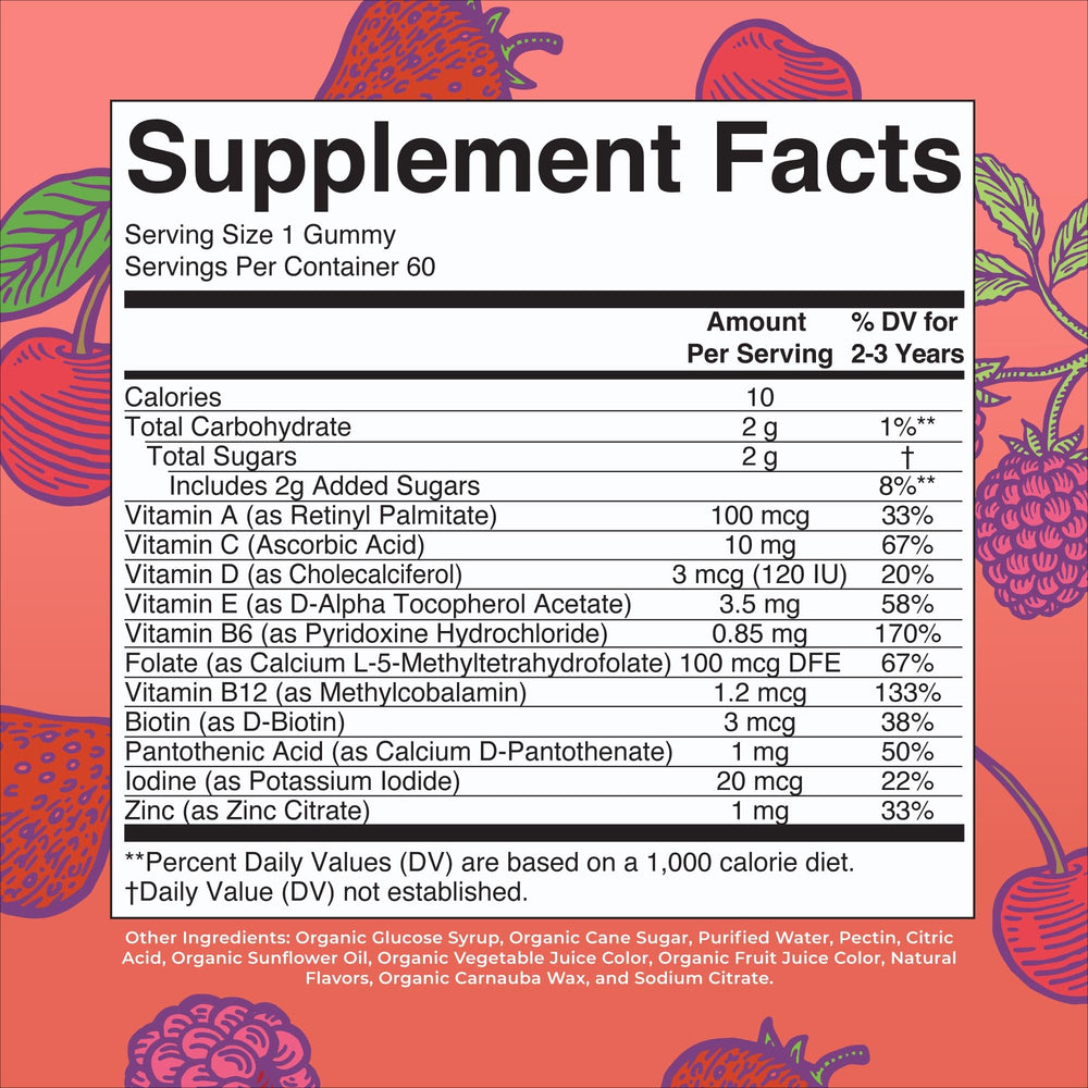 Vitamin Gummy | Kids and Toddlers Age 2+ | USDA | Daily Vitamin C | D3 | Zinc | Mixed Berry and Cherry | 2 Month Supply