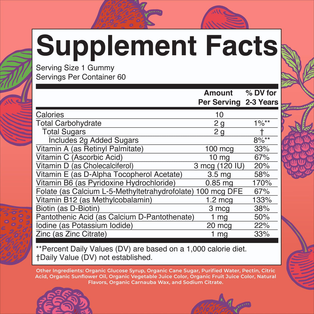 Vitamin Gummy | Kids and Toddlers Age 2+ | USDA | Daily Vitamin C | D3 | Zinc | Mixed Berry and Cherry | 2 Month Supply