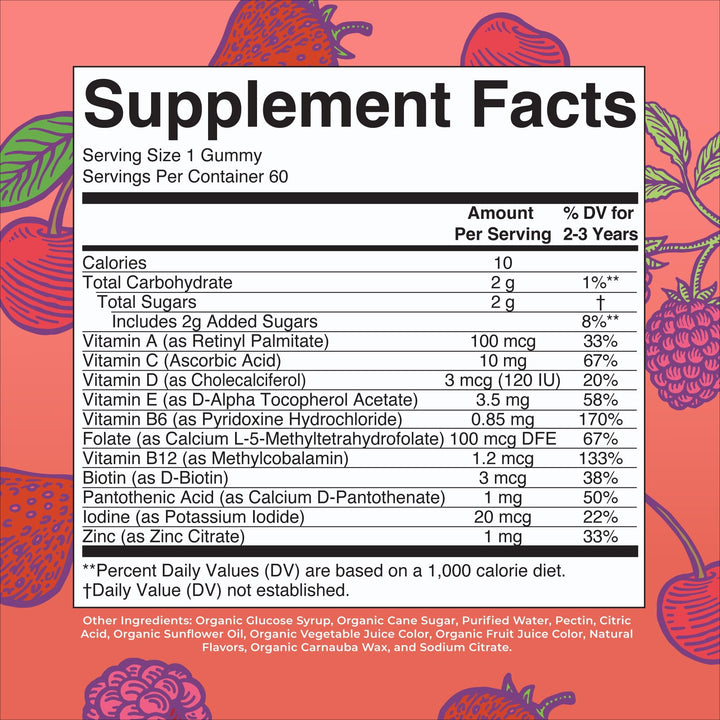 Vitamin Gummy | Kids and Toddlers Age 2+ | USDA | Daily Vitamin C | D3 | Zinc | Mixed Berry and Cherry | 2 Month Supply