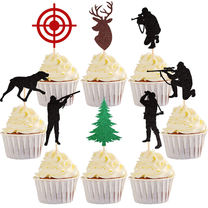 24 Pack Hunting Cupcake Toppers Glitter Tree Deer Hound Target Hunter Cupcake Picks Woodland Hunting Theme Baby Shower Boys Girls Birthday Party Cake Decorations Supplies