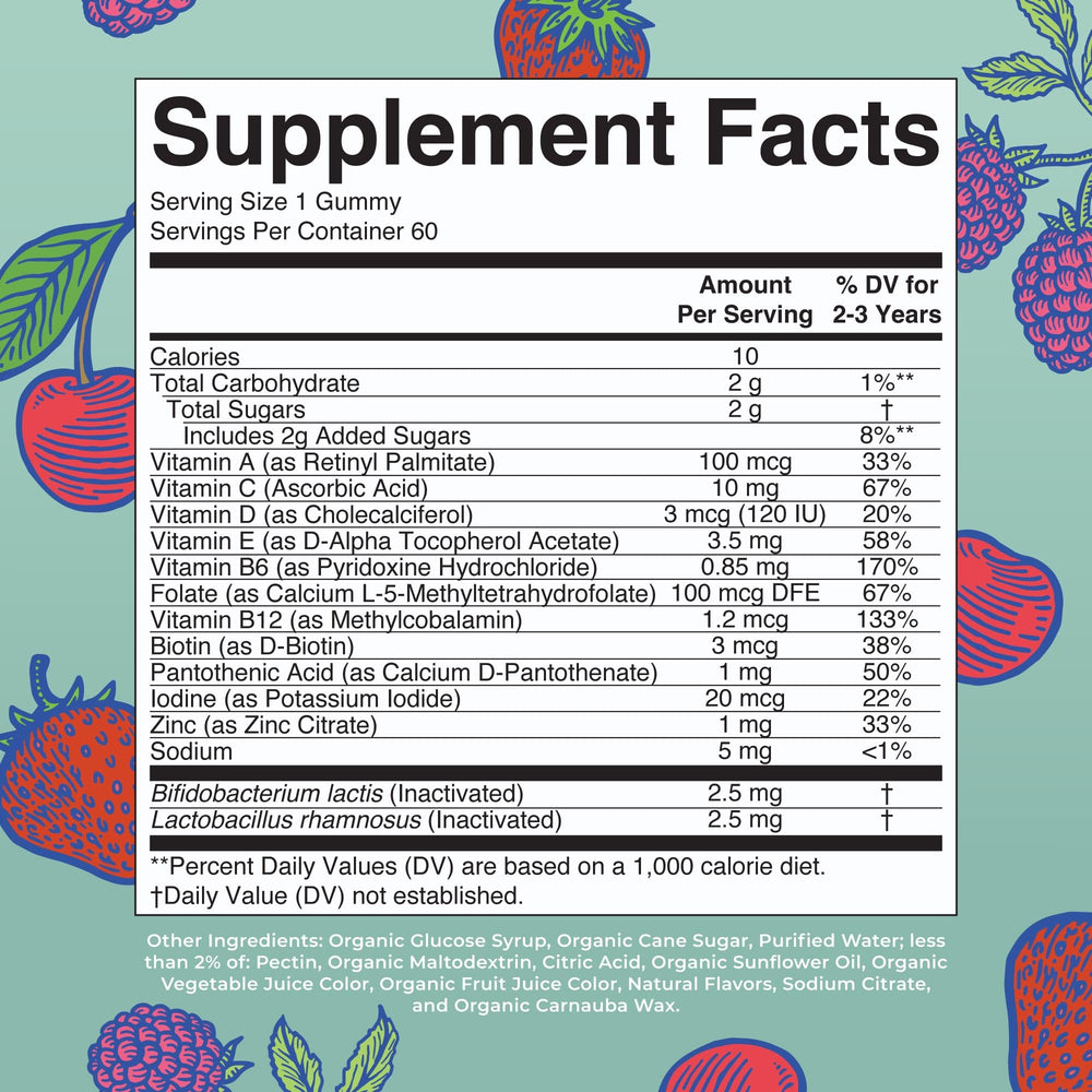 Toddler Multivitamin Gummies + Postbiotics | USDA Organic | Vitamins for Kids Ages 2+ | Immune Support | Vitamin C | Vitamin D3 | Vitamin A | Zinc | Vegan | Non-GMO | 60 Servings