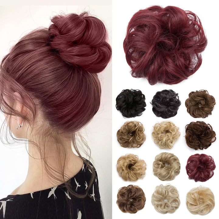 Messy Bun Hair Piece Scrunchy Updo Hair Pieces for Women Fluffy Wavy Hair Bun Scrunchies Donut Hairpiece Synthetic Chignons with Elastic Rubber Band Burgundy Red 1Pc