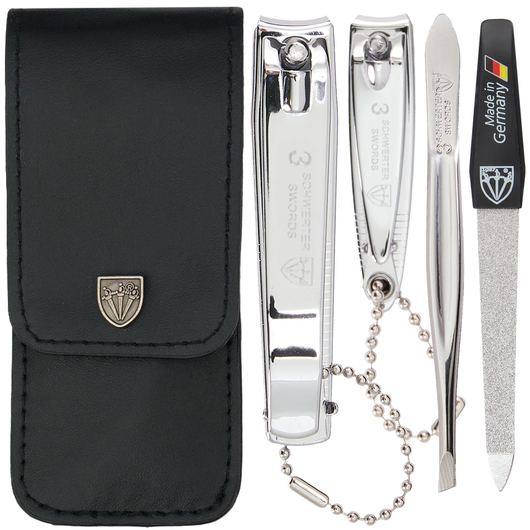 3 Swords Germany - Brand Quality 4 Piece Manicure Pedicure Grooming kit Set for Professional Finger & Toe Nail Care Tweezers File Clipper Fashion Leather case in Gift Box, Made by 3 Swords (77211)