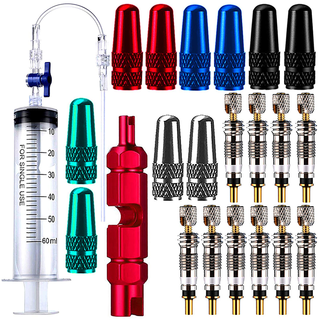 23 Pieces Cycling Syringe Kit, Tubeless Tire Sealant Syringe with Switch, Bicycle Presta Valve Core Removal Tool, 10 Presta Valve Cap Fit for Stans No Tubes Sealant and More