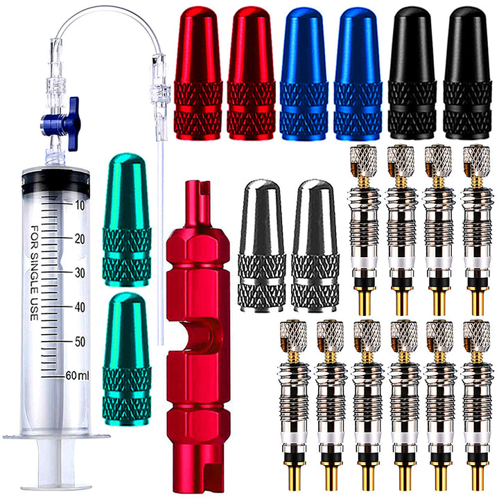 23 Pieces Cycling Syringe Kit, Tubeless Tire Sealant Syringe with Switch, Bicycle Presta Valve Core Removal Tool, 10 Presta Valve Cap Fit for Stans No Tubes Sealant and More