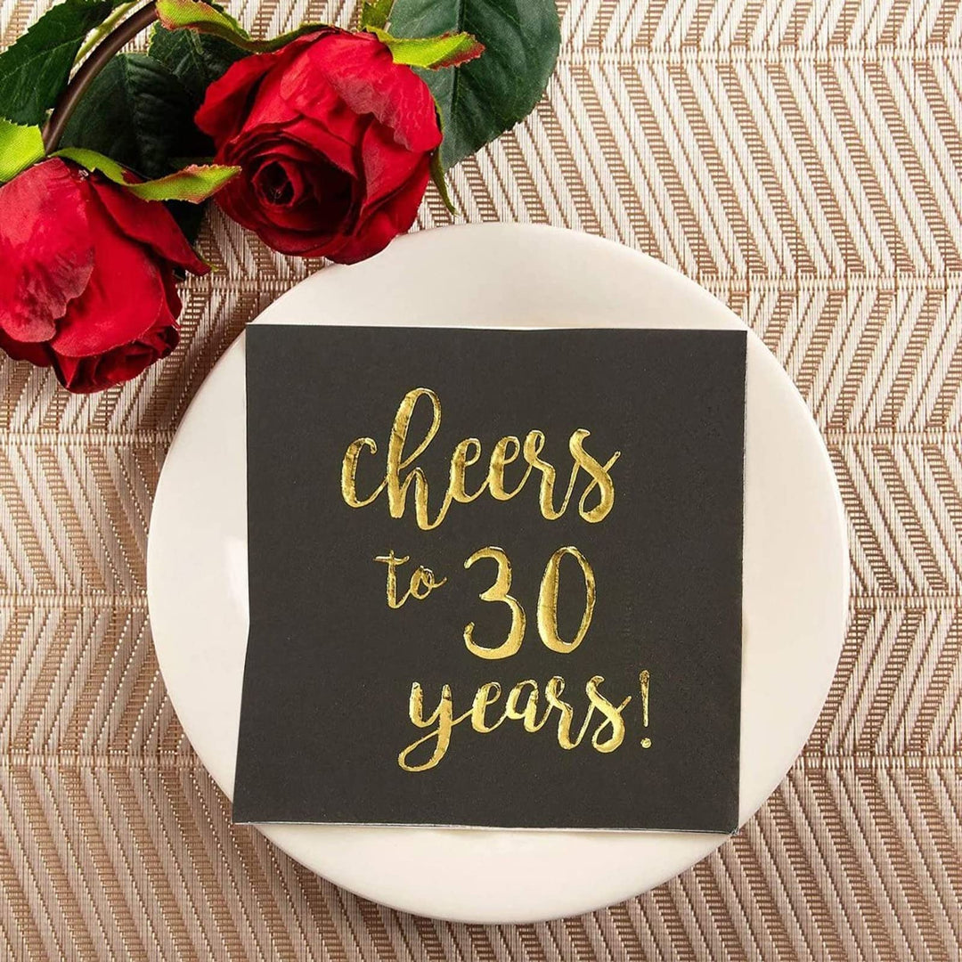 50-Pack Cocktail Napkins - Disposable Paper Party Napkins with Cheers to 30 Years! Printed in Gold Foil, Perfect for Birthday and Anniversary Celebrations, 5 x 5 inches Folded, Black