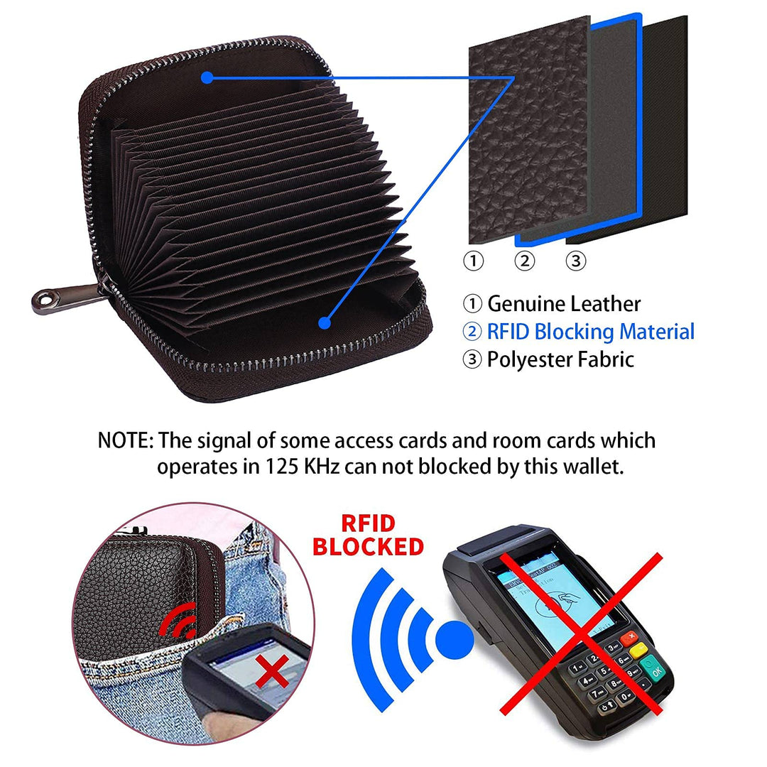 RFID 20 Card Slots Credit Card Holder Genuine Leather Small Card Case for Women or Men Accordion Wallet with Zipper