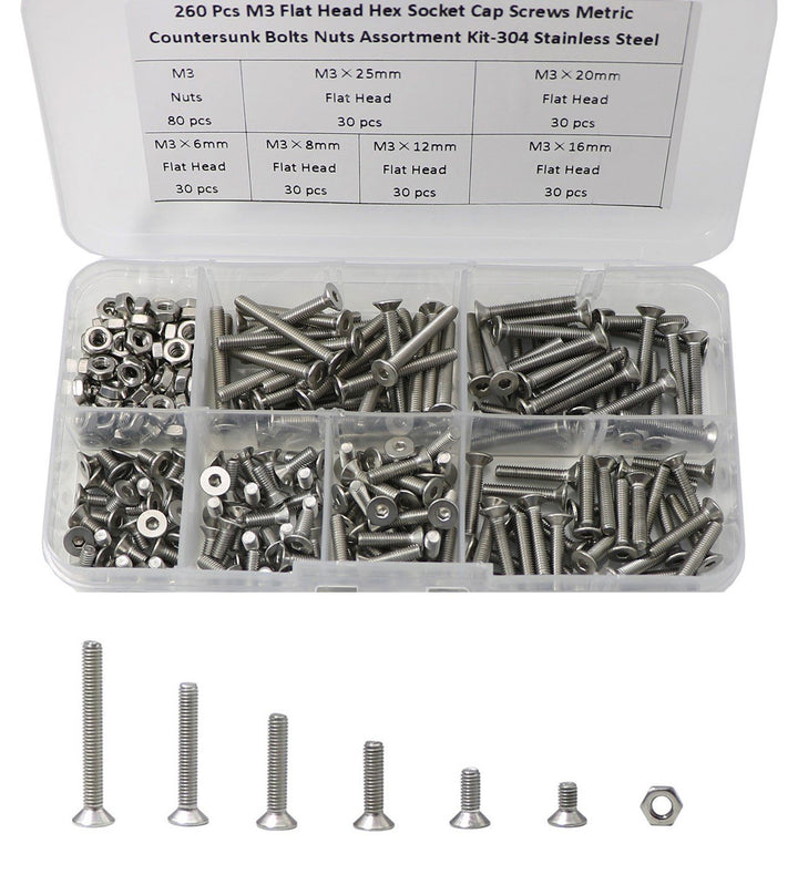 260 Pcs M3 Hex Socket Flat Head Countersunk Bolts Screw Nut Assortment Kit-304 Stainless Steel