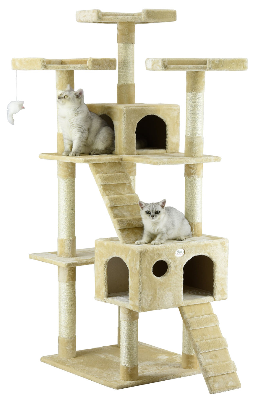 72 Tall Cat Tree Tower with Cat Condos - Large Cat Tree - Cat Tower for Indoor Cats - Play Scratch Hide Climb Activity Furniture with Toy - Beige