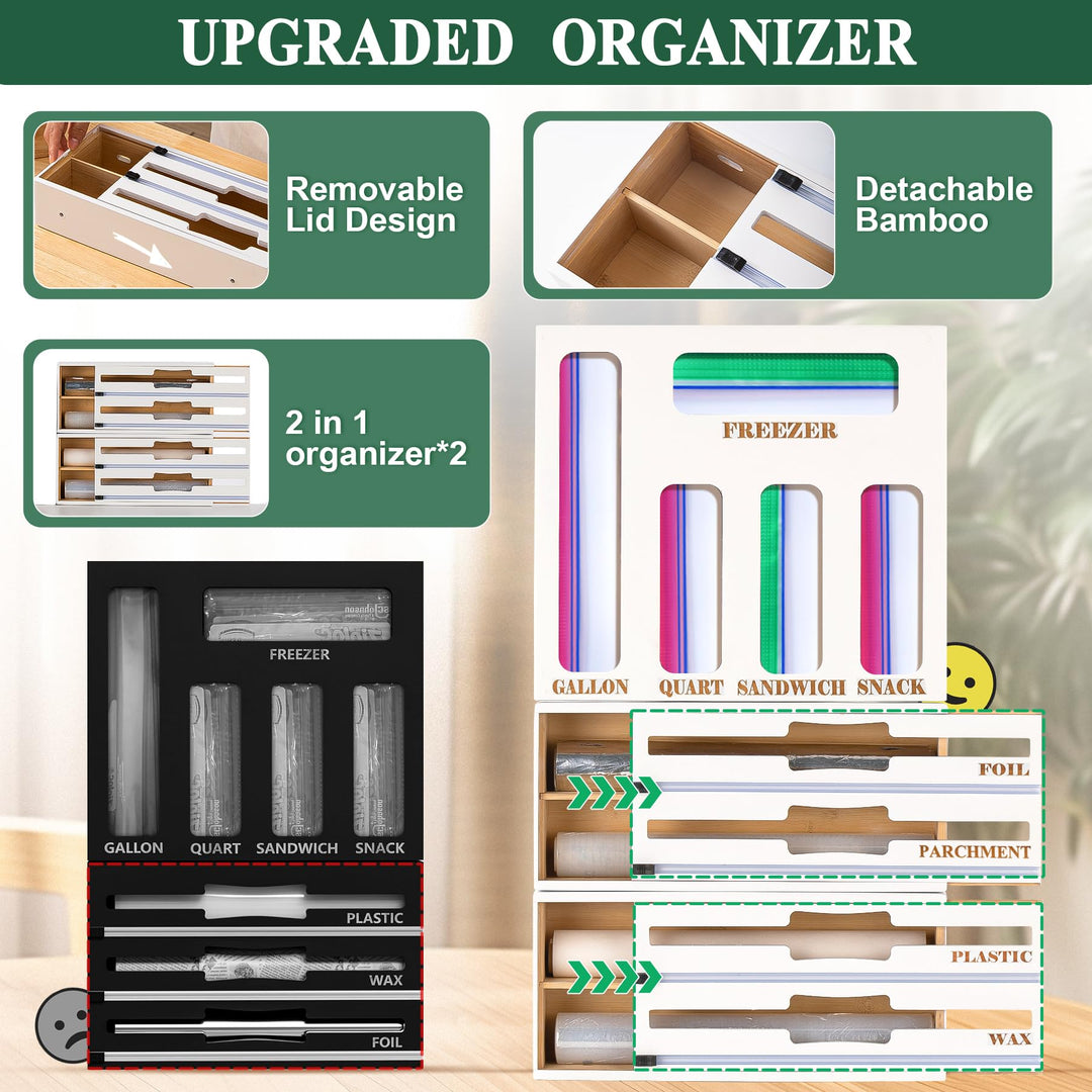 Storage Bag Organizer and Wrap Dispenser with Cutter, 9 in 1 Bamboo Foil and Plastic Wrap Organizer for Kitchen Drawer, Plastic Bag Organizer for Gallon, Quart, Sandwich (White, Large)