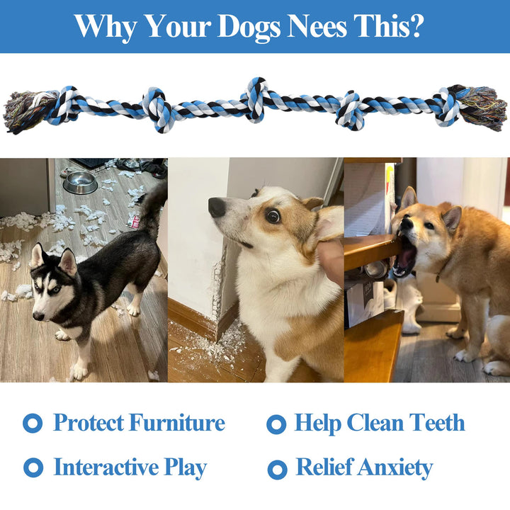 Dog Toys for Aggressive Chewers Tough Rope Chew Toys for Large and Medium Dog 3 Feet 5 Knots Indestructible Cotton Rope for Large Breed Dog Tug of War Dog Toy Teeth Cleaning