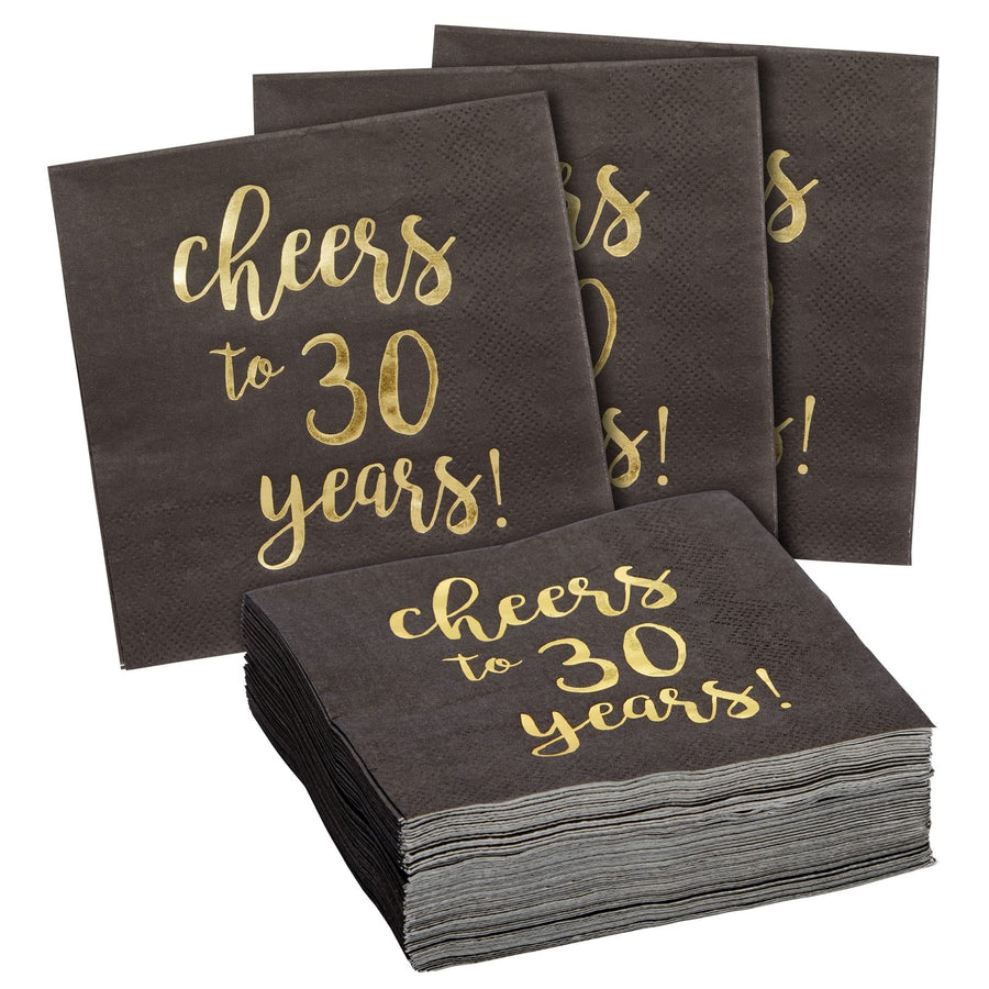 50-Pack Cocktail Napkins - Disposable Paper Party Napkins with Cheers to 30 Years! Printed in Gold Foil, Perfect for Birthday and Anniversary Celebrations, 5 x 5 inches Folded, Black