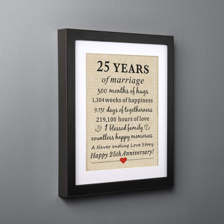 Framed 25th Wedding Anniversary Burlap Gift 11 W X 13 H, Happy 25th Anniversary for Wife Husband 25th Wedding Anniversary Decorations Gifts for Parents 25th Anniversary