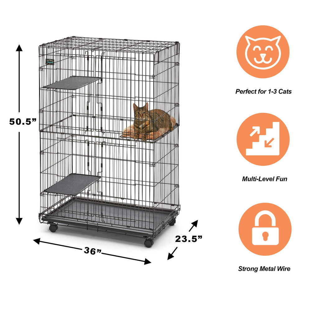 Cat Playpen/Cat Cage Includes 3 Adjustable Resting Platforms, Removable Leak-Proof Pan, Easy 2-Door Top/Bottom Access & 4-Locking Wheel Casters