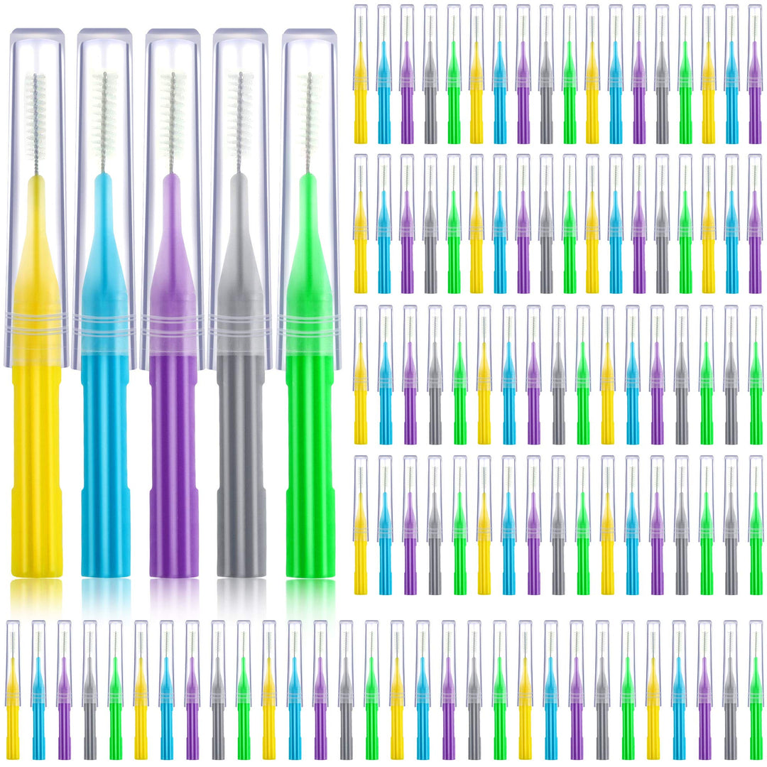 100 Pieces Interdental Brush Toothpick Dental Tooth Flossing Head Oral Dental Hygiene Interdental Brush Dental Flosser Toothpick Cleaners Tooth Cleaning Tool (Light Blue, Yellow, Gray, Purple, Green)
